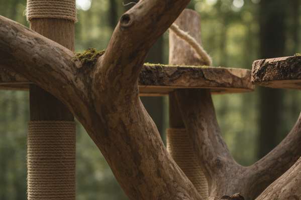 A real-life photo of a handcrafted cat tree made from natural oak wood, shown partially — as a sneak peek. The image is taken in soft, natural light, with realistic shadows and wood texture clearly visible. The background is a slightly blurry dark forest, out of focus, to create a calm and earthy atmosphere. The overall tone is natural, authentic, and subtle, as if taken by a professional product photographer outdoors.
Style keywords: realistic photography, minimal editing, shallow depth of field, muted na